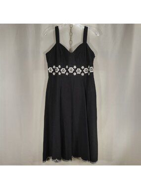 Chadwicks Womens M 8 Black Linen Feel Midi Dress White Floral Embroidery Retro